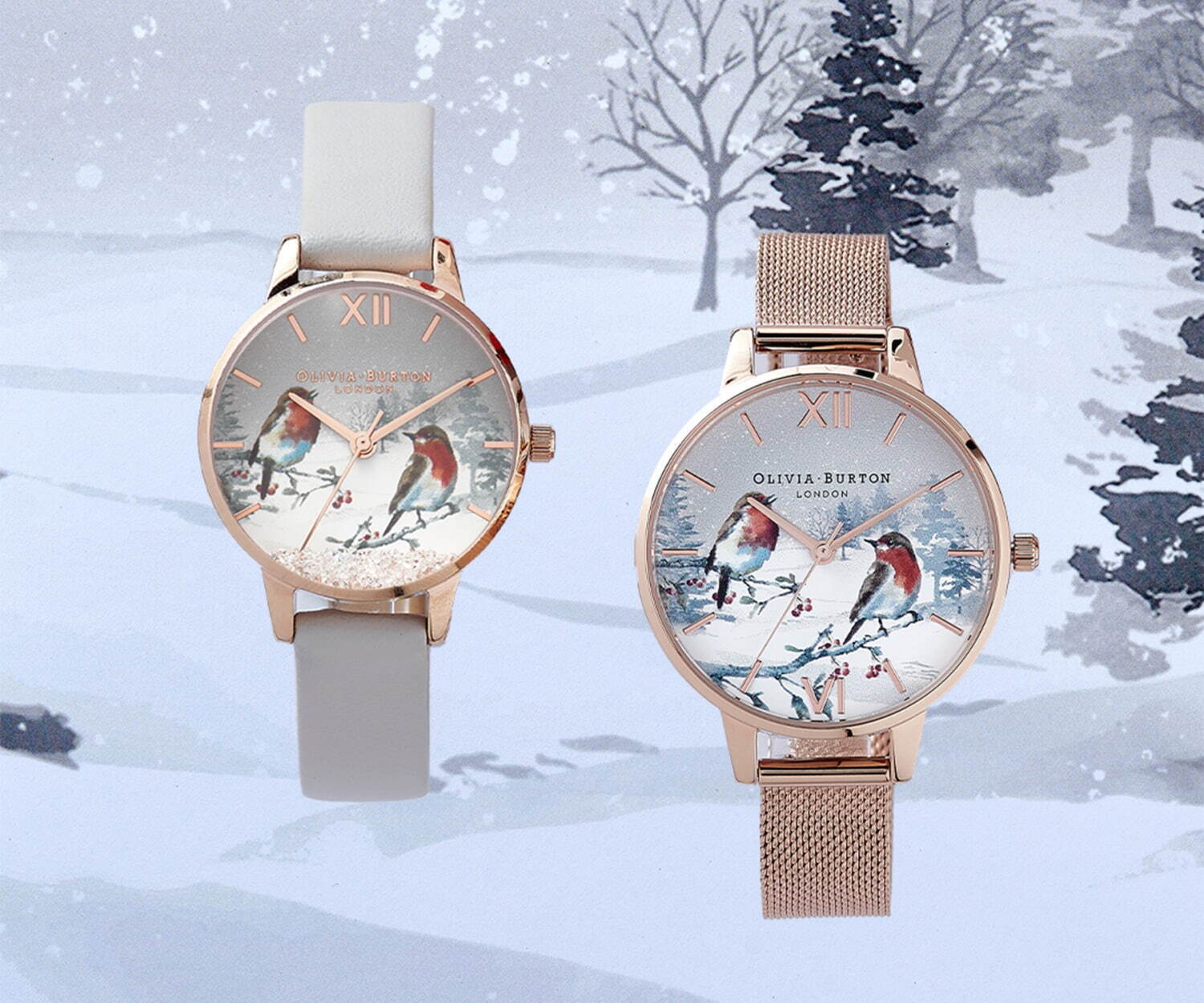 オリビア・バートンのクリスマス限定腕時計 - “鳥と柊”の雪景色を描い