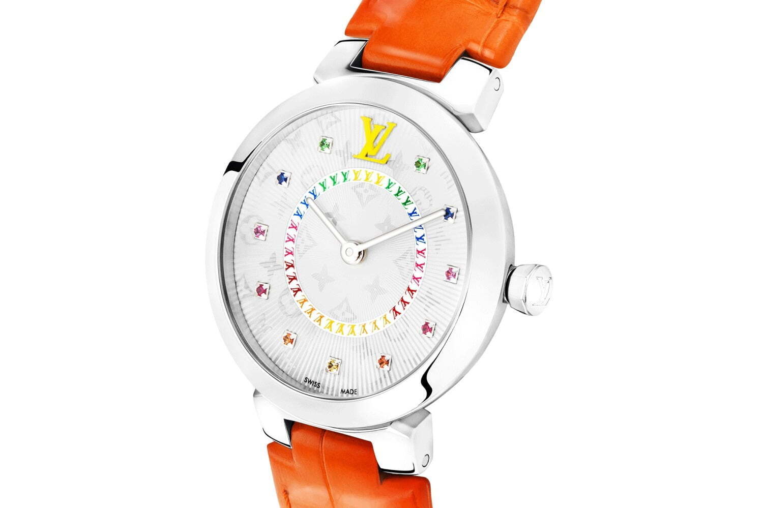 ルイ・ヴィトン限定腕時計「タンブール スリム」虹色ストーン文字盤