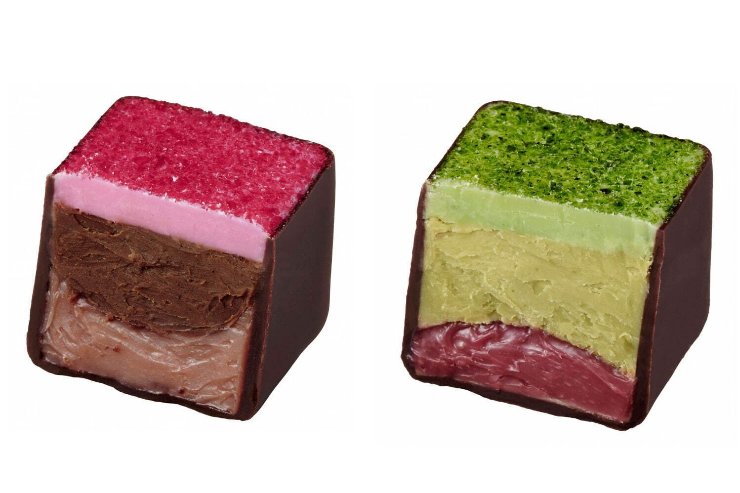 左から)チェリー ＆ ダークチョコレートプラリネ
ピスタチオ & クランベリーガナッシュ
