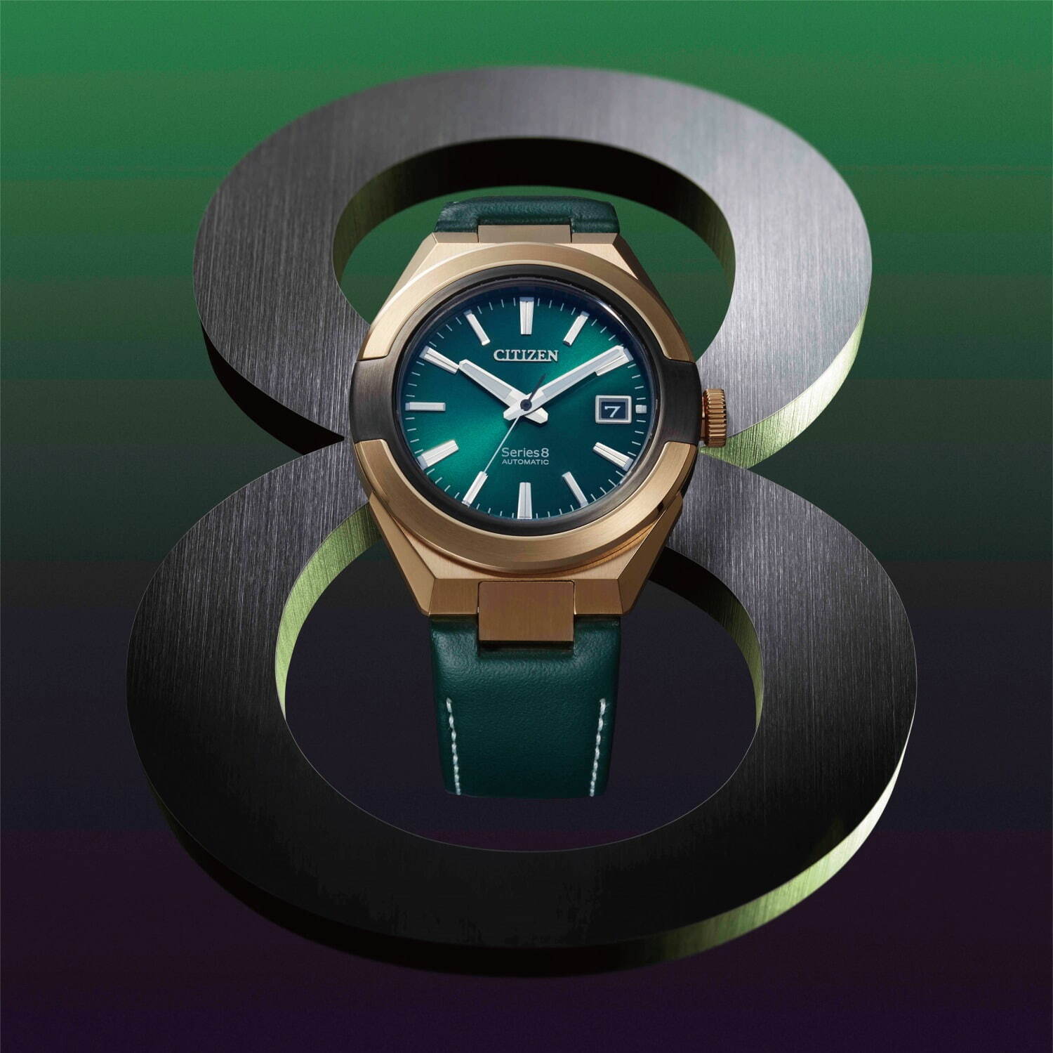 シチズン シリーズエイト限定腕時計、ゴールド＆グレーの2体構造ケースにグリーン文字板の組み合わせ｜写真7
