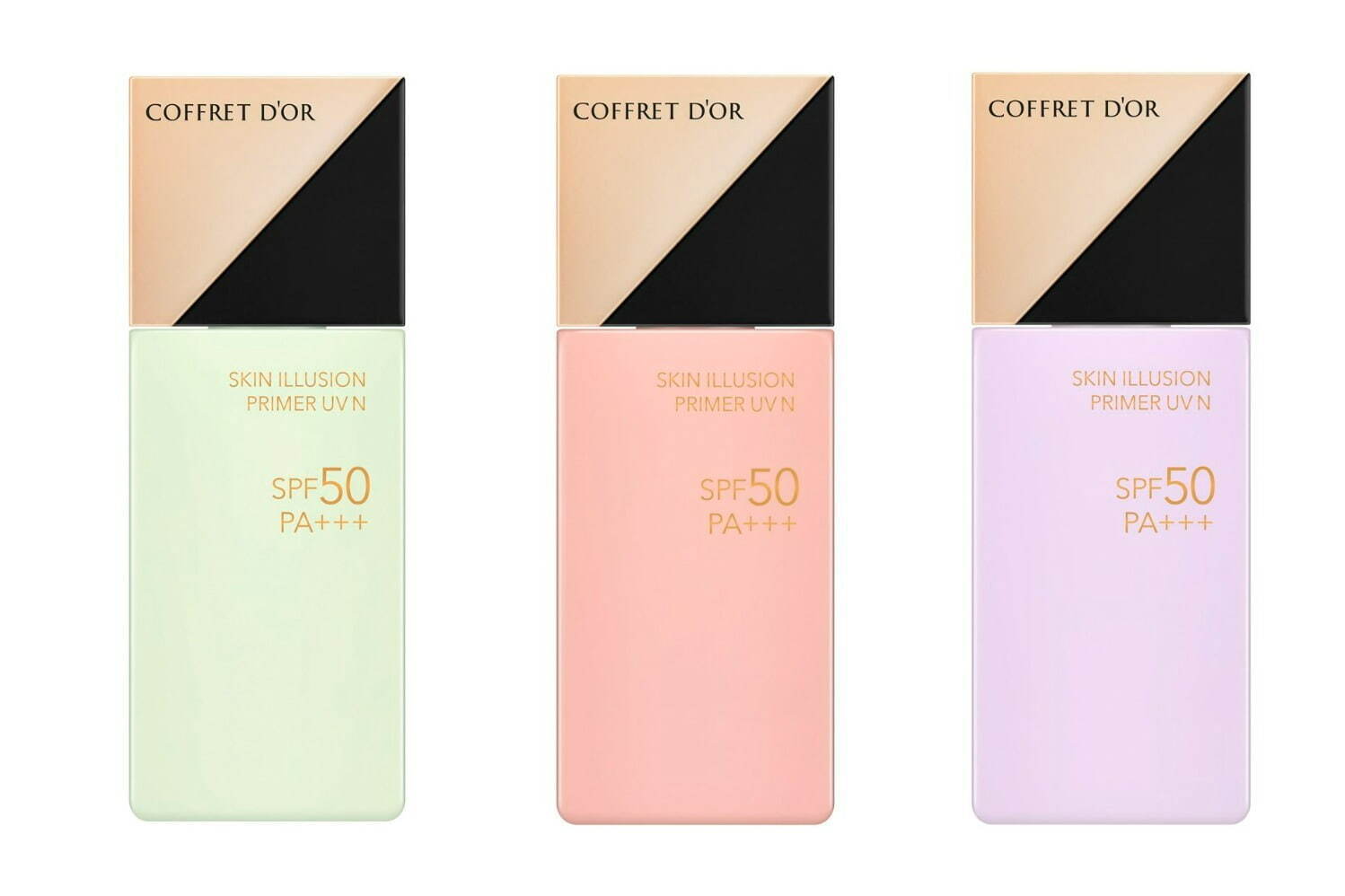 左から) コフレドール スキンイリュージョンプライマーＵＶｎ グリーン、ピンク、ラベンダー 
各25mL SPF50・PA+++ 各3,080円(編集部調べ)