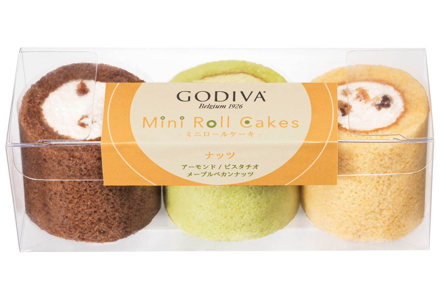 ゴディバ「ミニロールケーキ ナッツ」3個入(アーモンド、ピスタチオ、メープルペカンナッツ) 1,080円