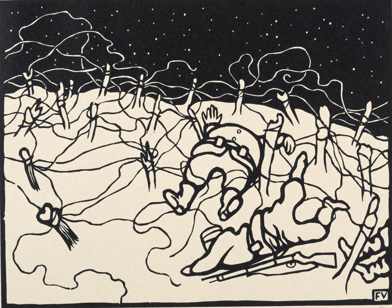 フェリックス・ヴァロットン《有刺鉄線(これが戦争だ!III)》1916年 木版、紙 三菱一号館美術館