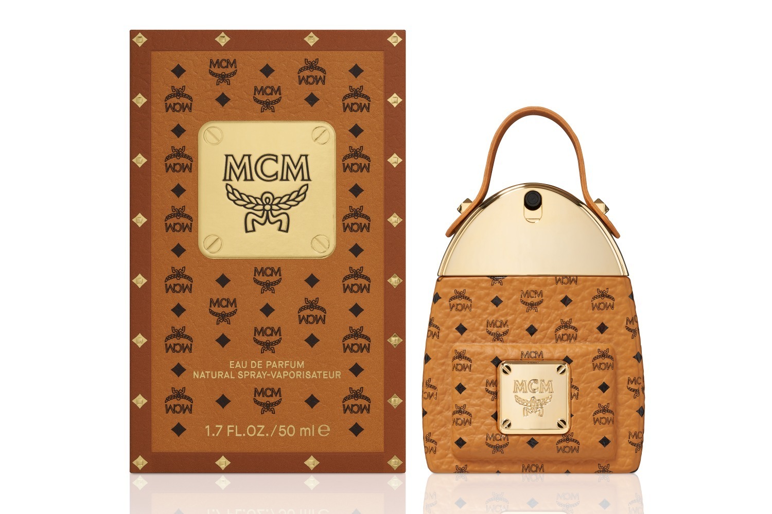 MCMのアイコンフレグランス誕生、MCMモノグラム柄の“バックパック”風ハンドル付きボトル