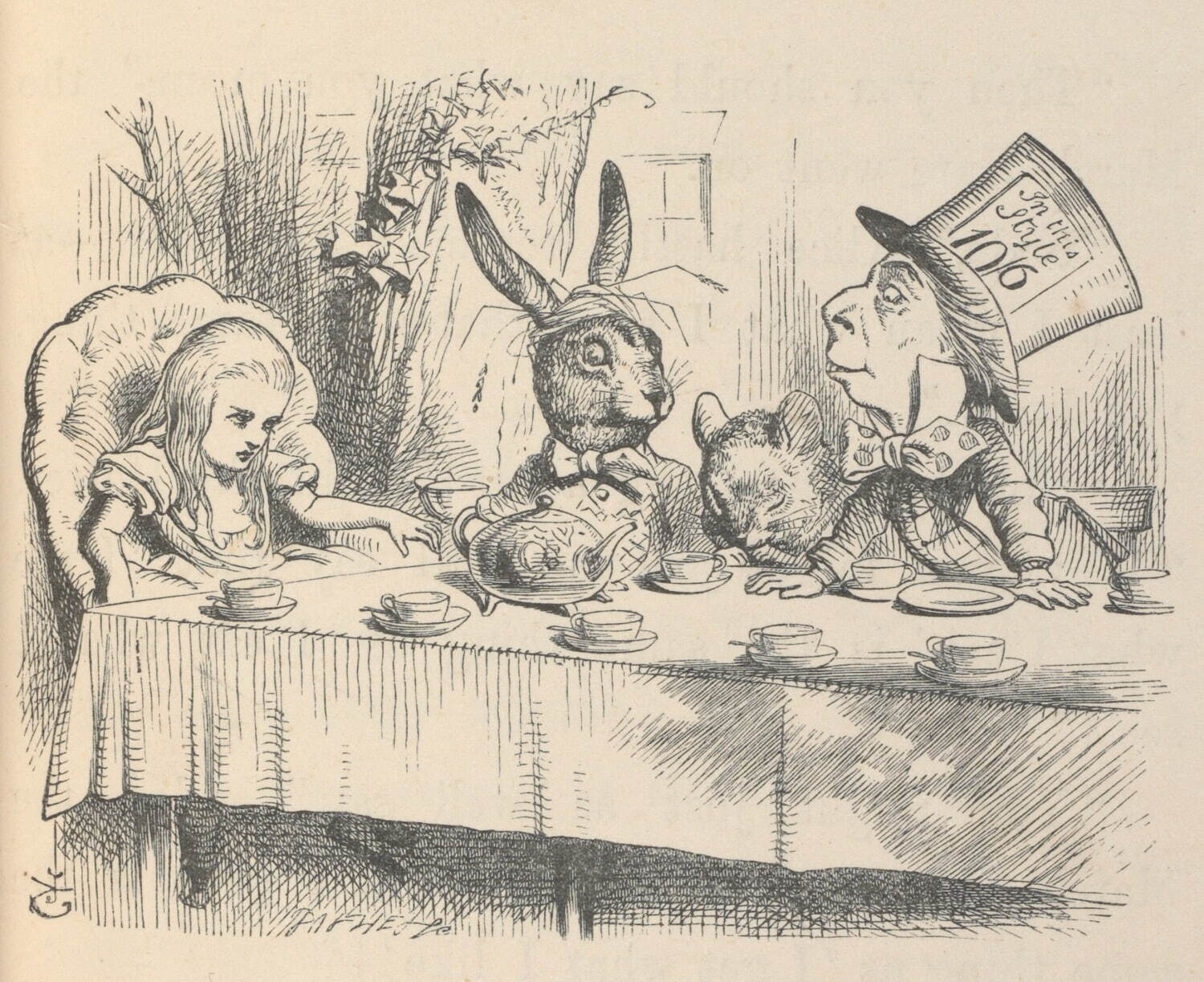 マッド・ハッターのお茶会でのアリス、『不思議の国のアリス』初刊行版本より、ジョン・テニエル画、1866年、V&A内ナショナル・アート図書館所蔵
