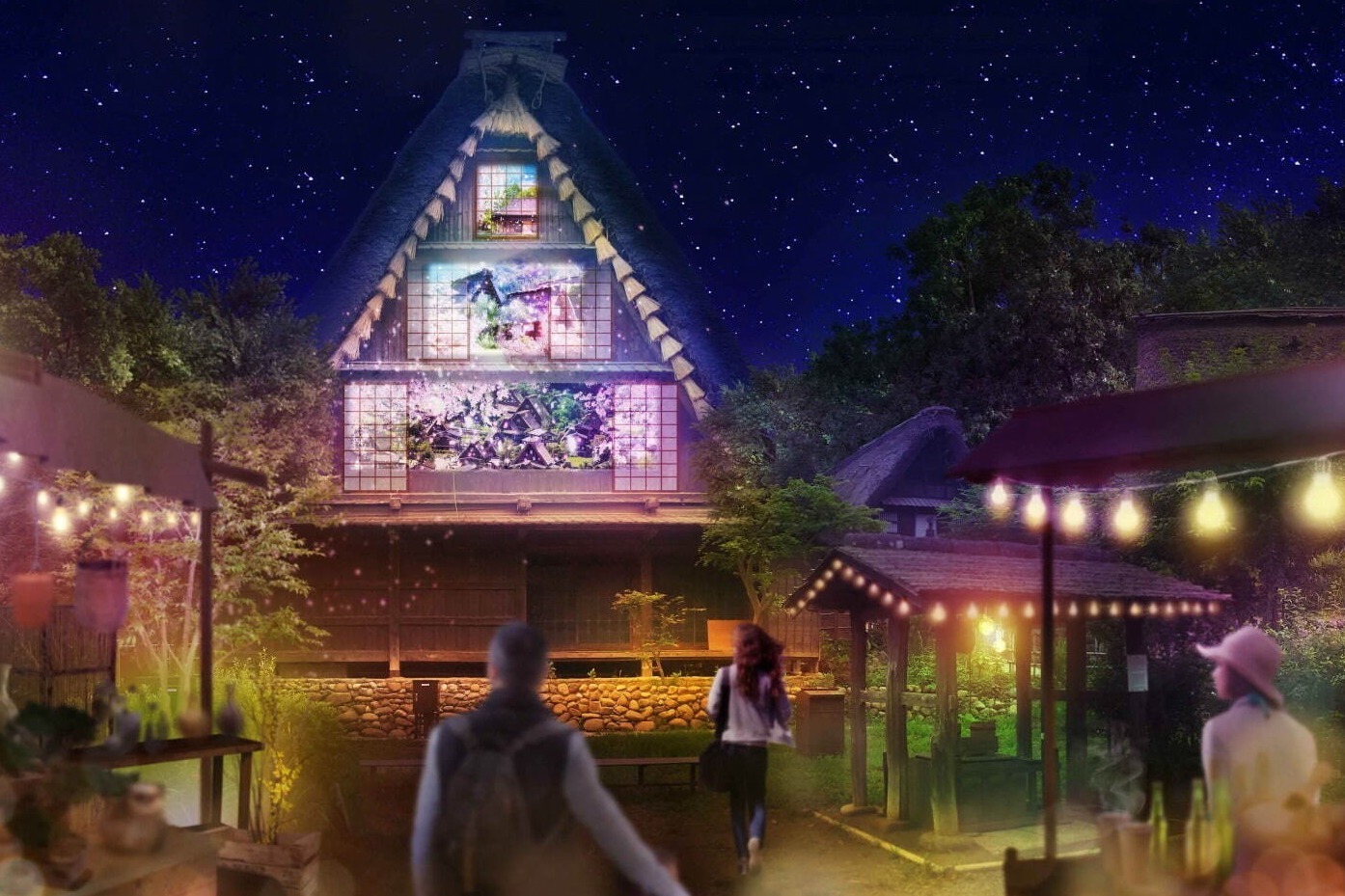 デジタル｜ネイキッドのナイトウォーク、合掌造民家や風車のプロジェクションマッピングが野外博物館・日本民家園で