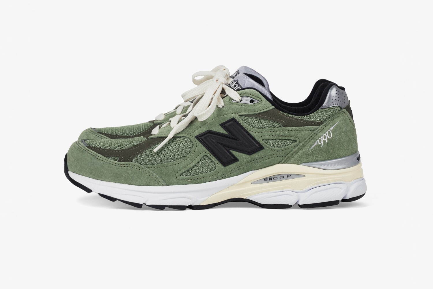 ニューバランス×ジョウンドのスニーカー「990v3」オリーブのアッパー ...