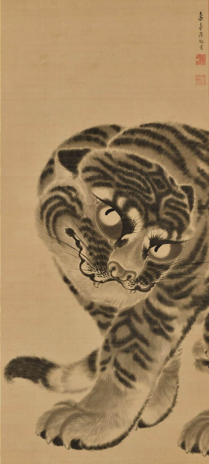 岸駒《猛虎図》一幅 絹本墨画 118.5×53.8cm 江戸時代中期(18世紀後半) 敦賀市立博物館蔵［前期展示］