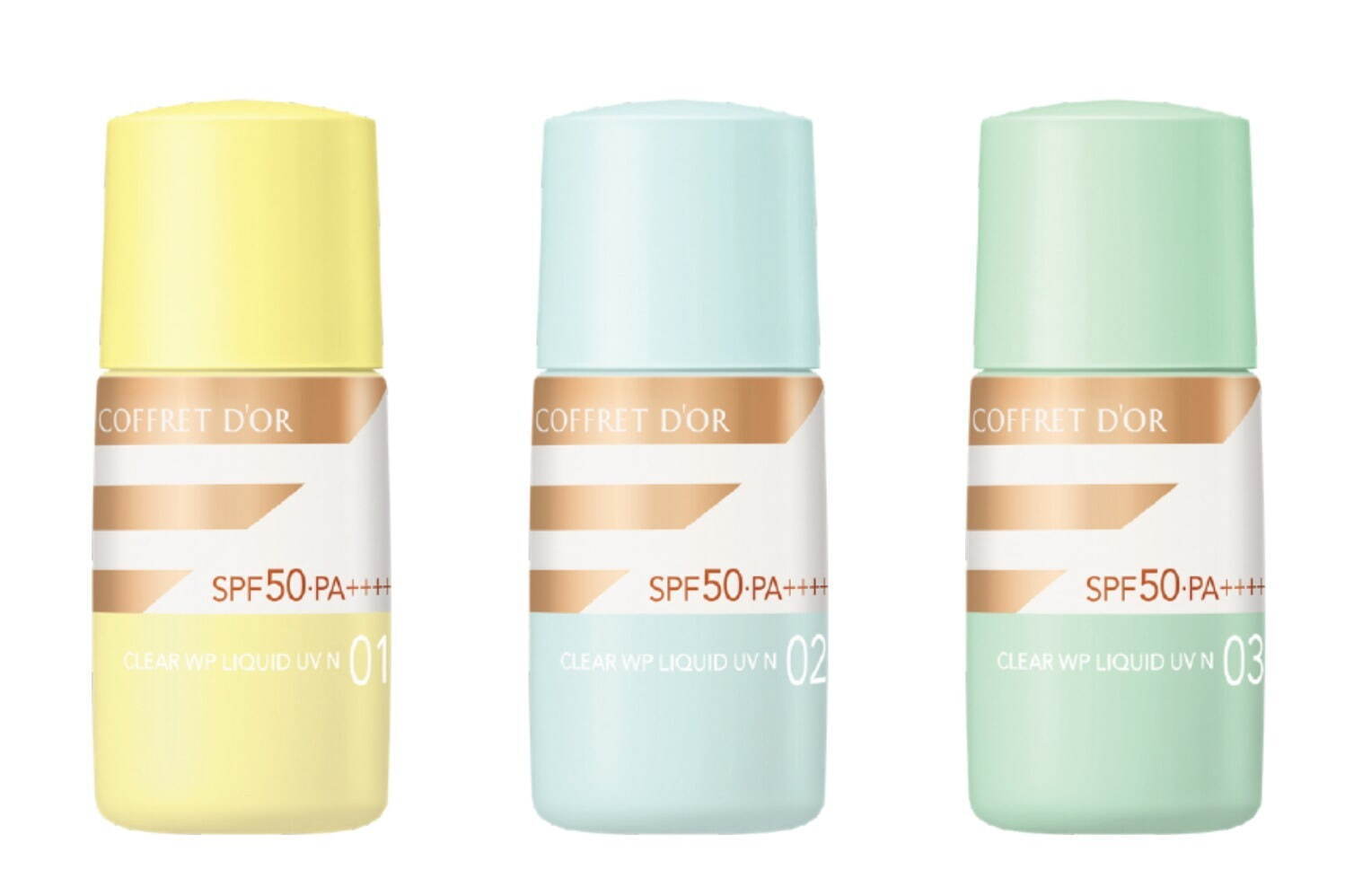 左から)コフレドール クリアWPリクイドUVn SPF50・PA++++ 18mL 01,02,03