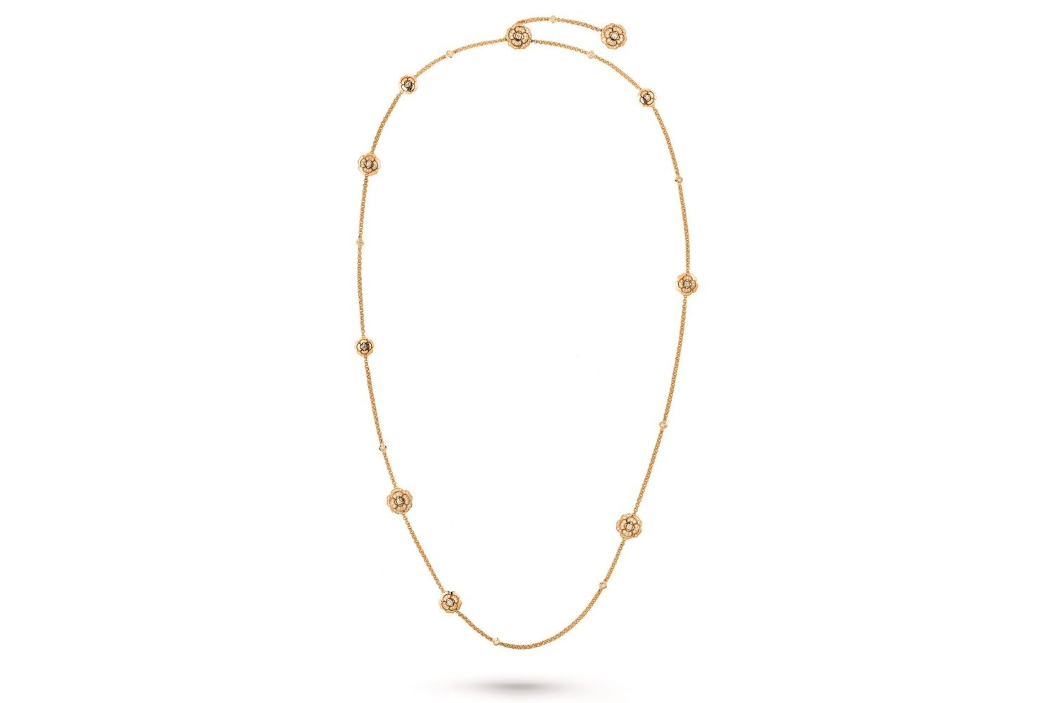 シャネル「カメリア コレクション」新作ロングネックレス、花が点々と咲くイエローゴールド＆ダイヤモンド