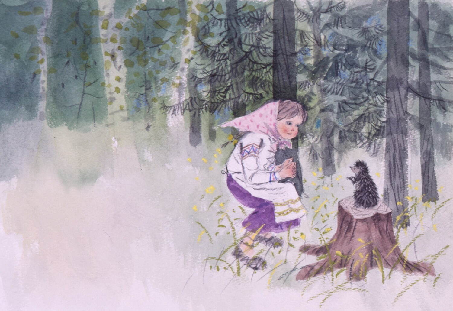 佐藤忠良《ババヤガーのしろいとり》16-17頁原画 宮城県美術館蔵 1973年11月「こどものとも」212号掲載