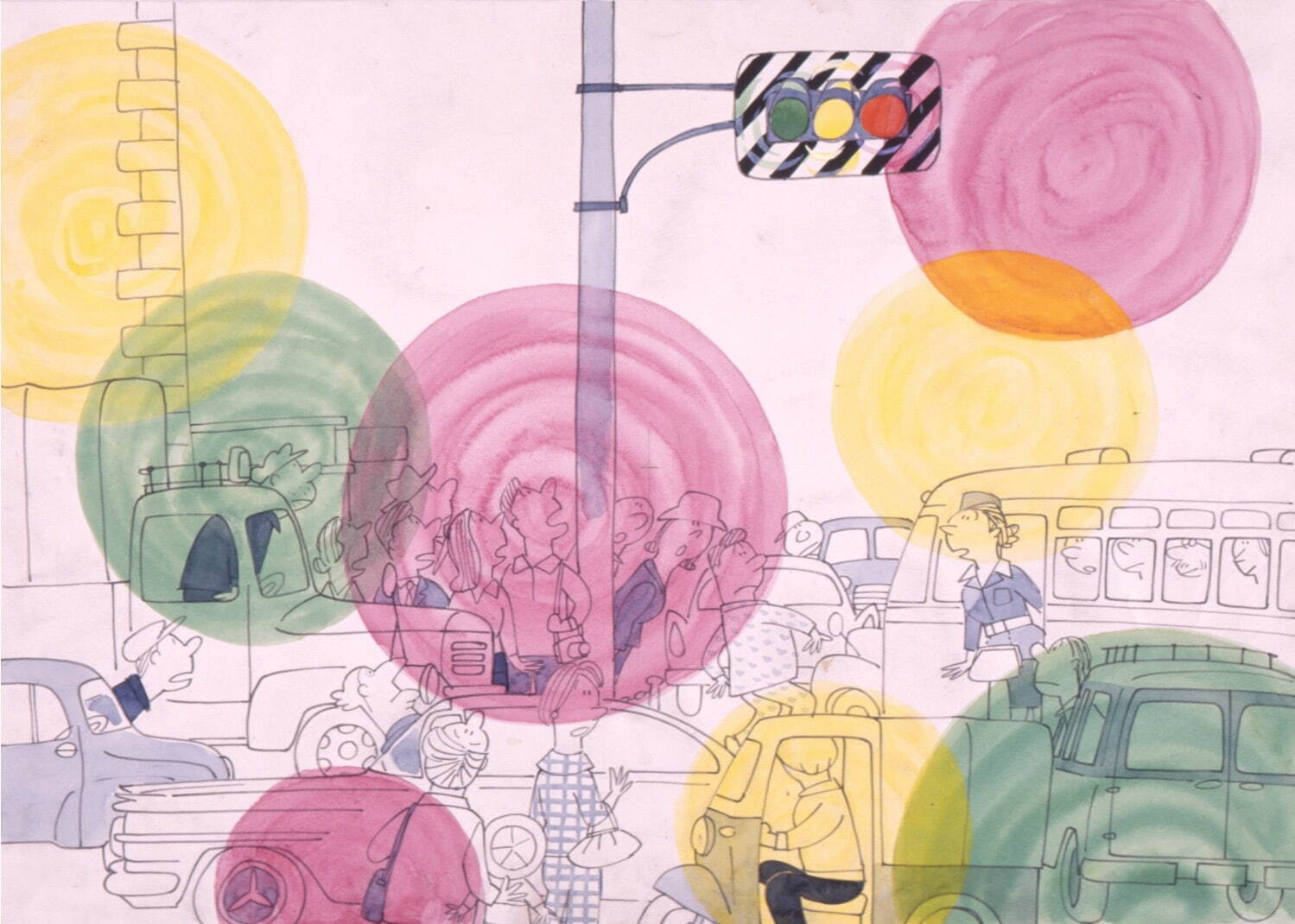 馬場のぼる《ぴかくんめをまわす》10-11頁原画 宮城県美術館蔵
1960年4月「こどものとも」49号掲載