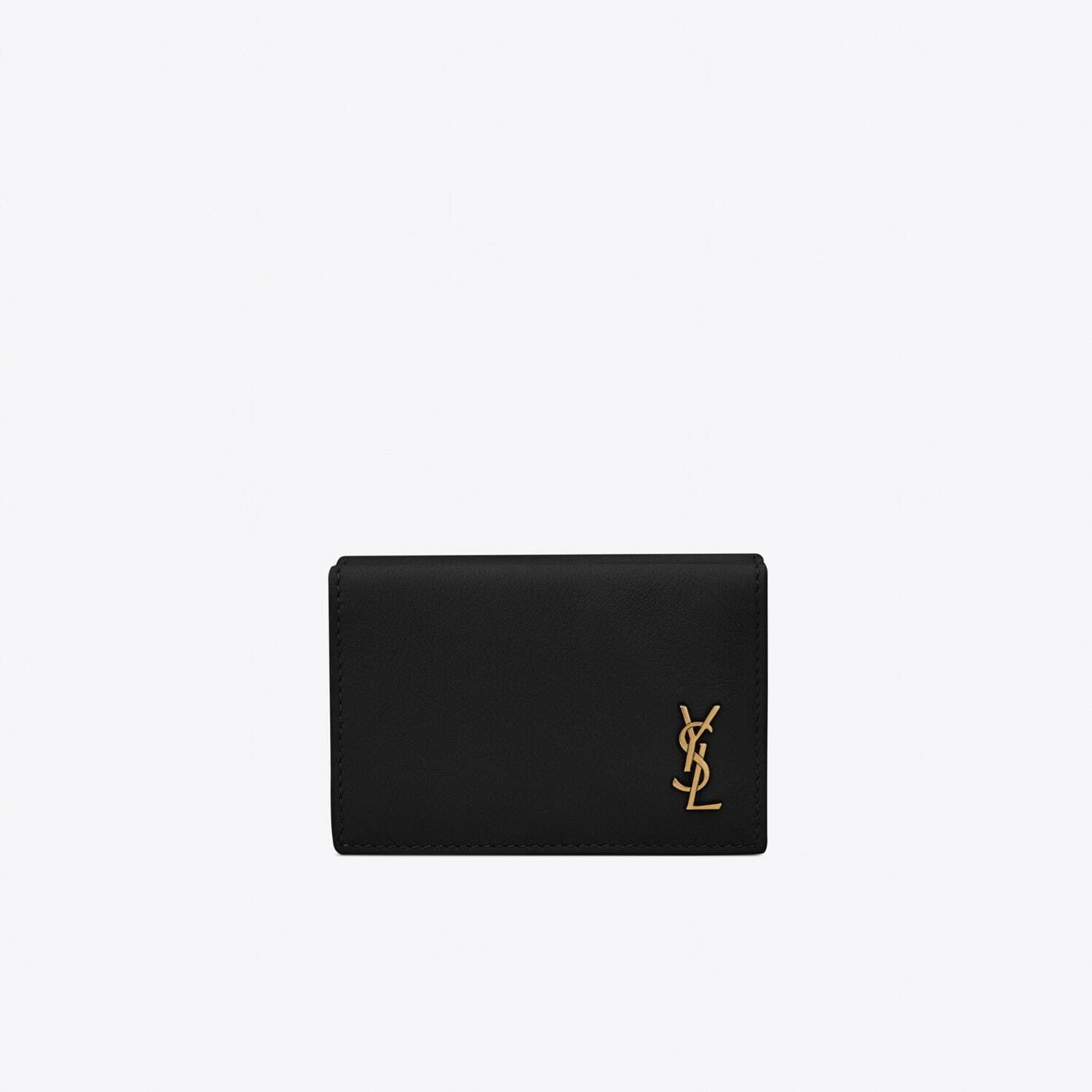 〈サンローラン〉ロゴを配したブラックレザーの三つ折りミニ財布