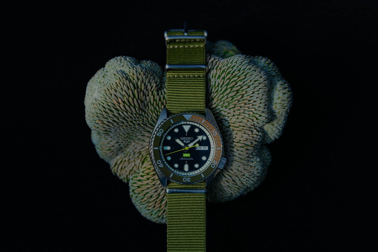 セイコー 5スポーツ×ハフの腕時計、グリーン文字盤×ゴールドブレスのクラシックウオッチ｜写真12
