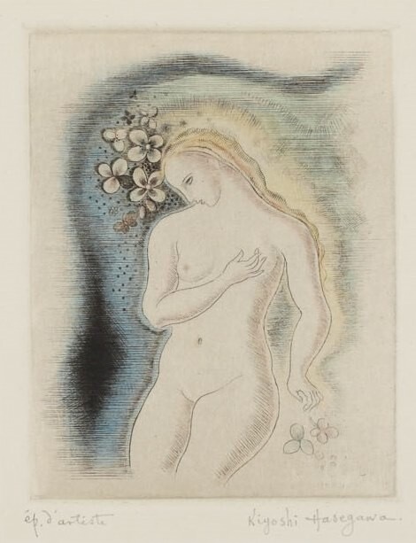 長谷川潔《思想の生れる時》1925年 ドライポイント・手彩色 126×98mm 町田市立国際版画美術館