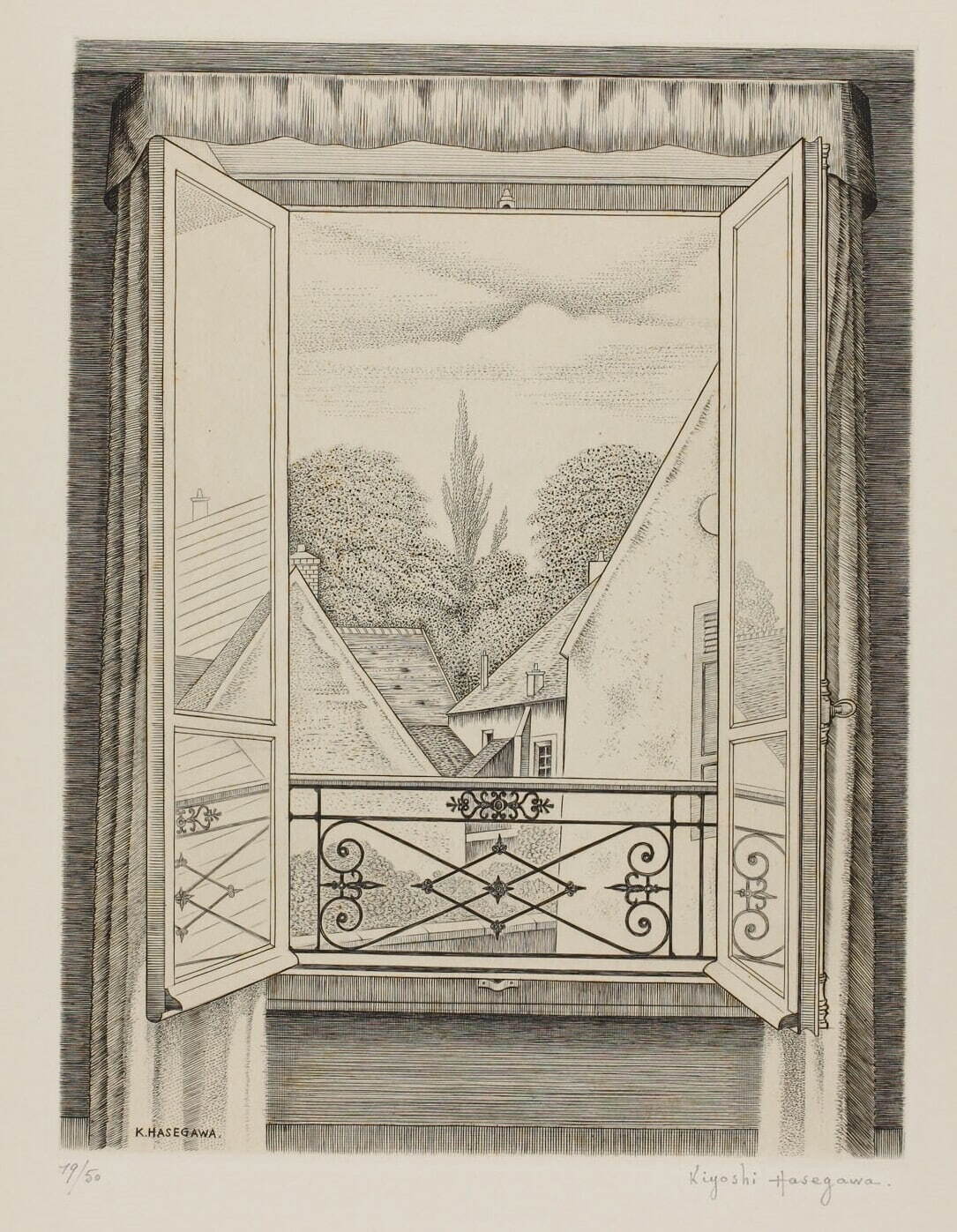 長谷川潔《開かれた窓》1951年 エングレーヴィング 297×225mm 町田市立国際版画美術館