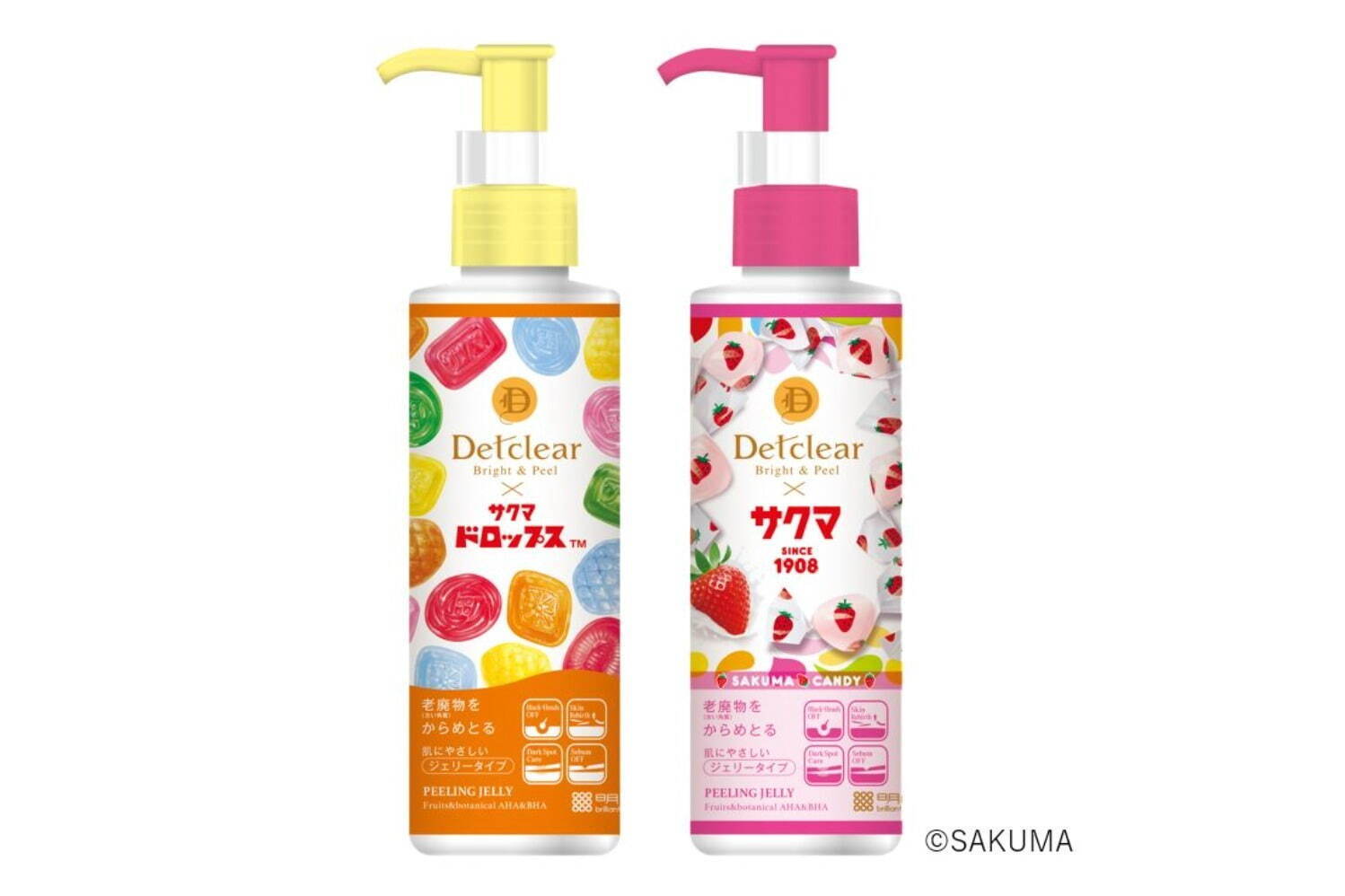 左から)DETクリア ブライト＆ピール ピーリングジェリー＜サクマドロップスの香り＞ 180mL 1,320円
DETクリア ブライト＆ピール ピーリングジェリー＜いちごみるくの香り＞ 180mL 1,320円