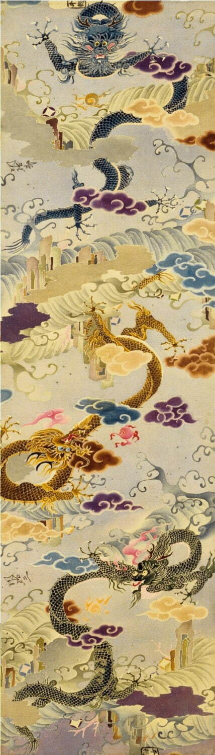岸竹堂(下絵)《縮緬地波に雲龍文様型友禅染裂》1879年(明治12) 株式会社千總蔵