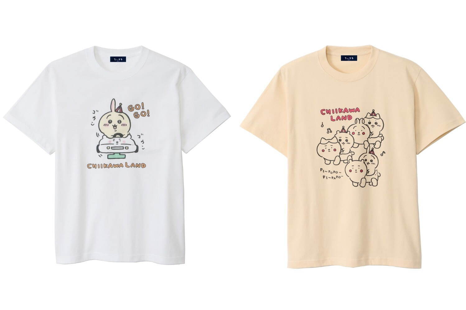左から))Tシャツ(M/L/XL) うさぎ ゴーカート ホワイト、ちいかわカーで行く ナチュラル 各3,080円