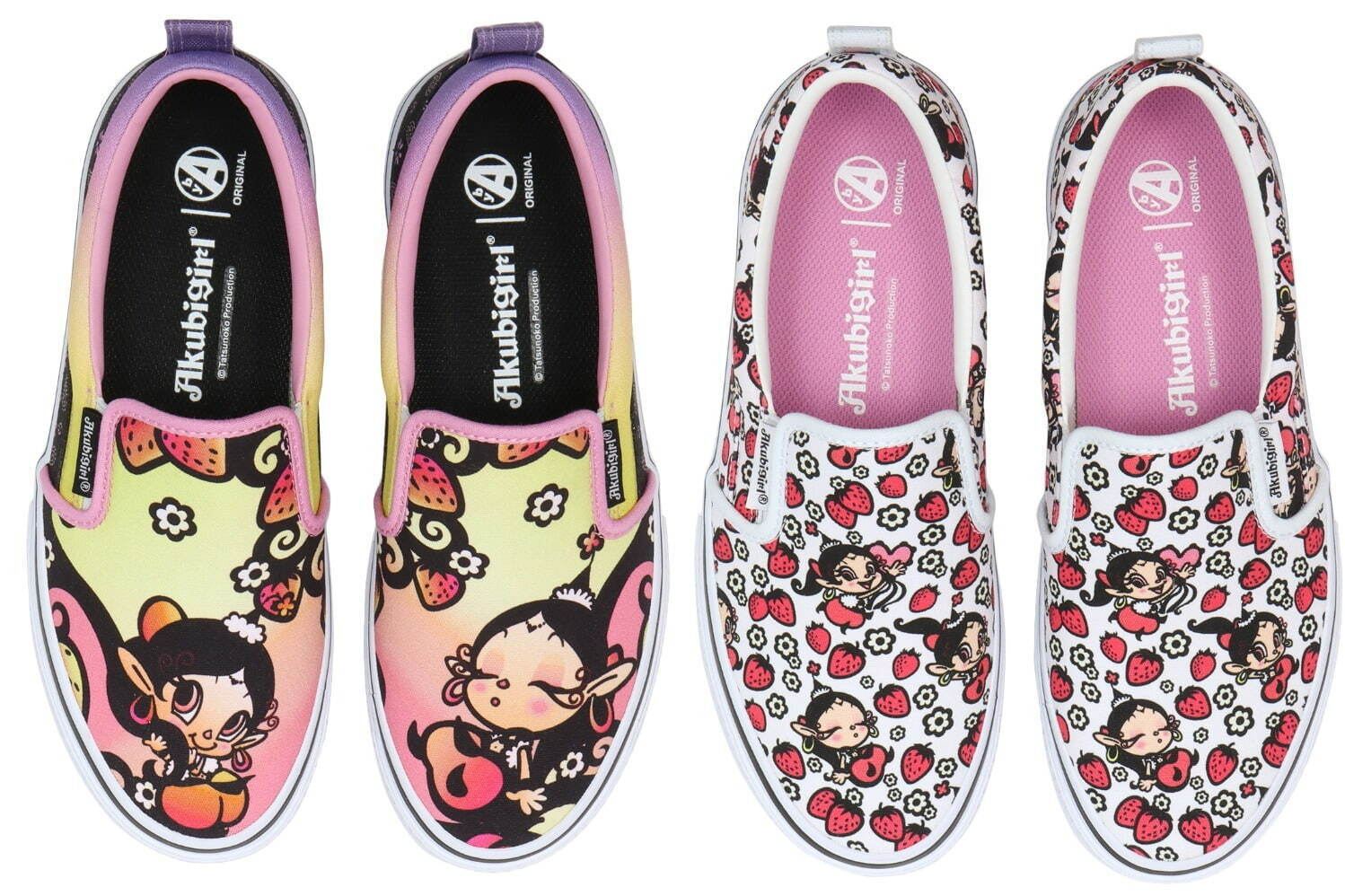 タツノコプロ『アクビガール』デザインのスリッポンスニーカー、アクビちゃん＆苺モチーフ｜秋葉原アトレ
