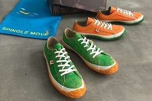 スピングルムーヴ“みかん着想”オレンジ×グリーンのスニーカー、アッパーにクラッキングレザー