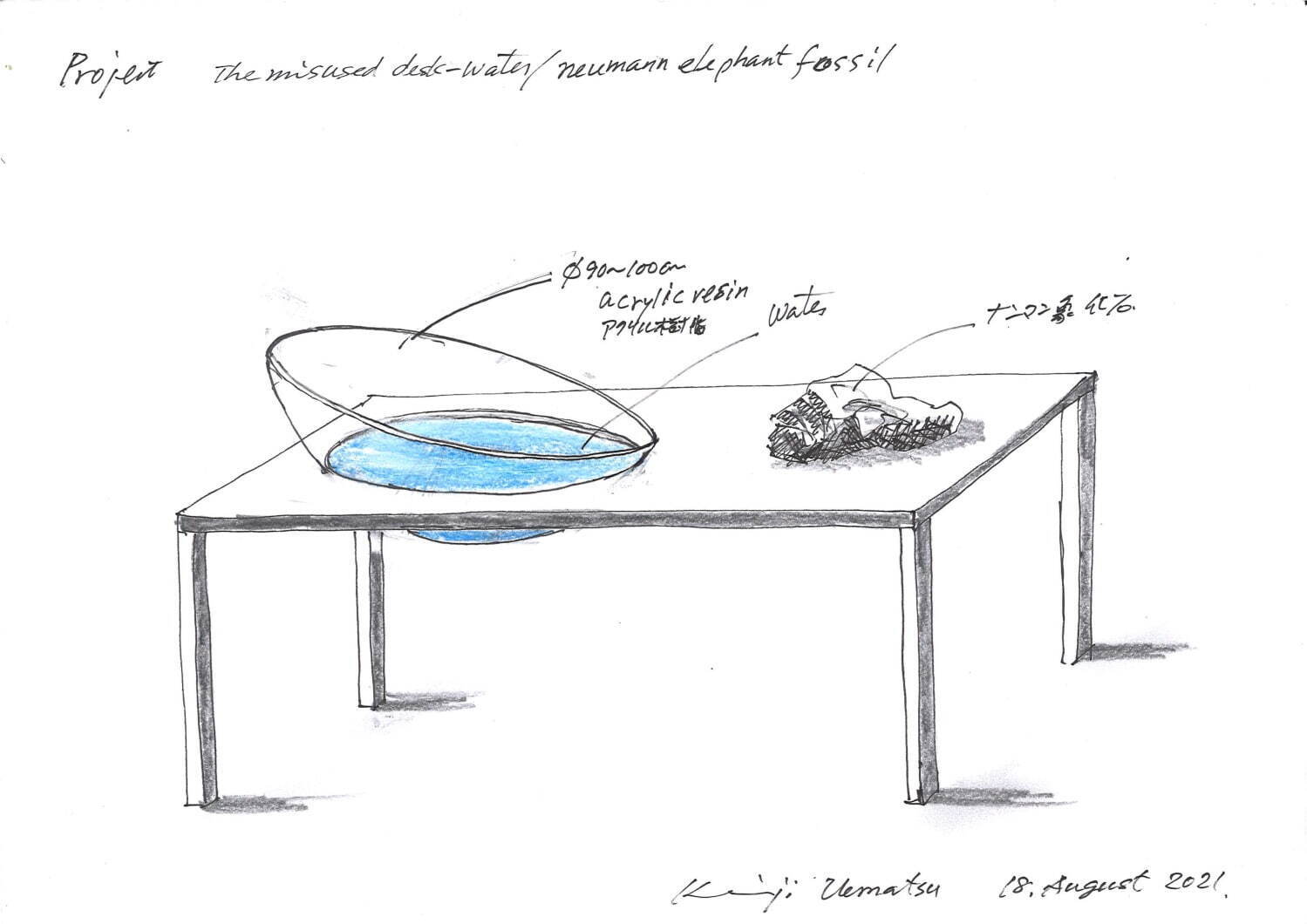 植松奎二《まちがってつかわれた机─水/ナウマンゾウの化石/浮石》2022年