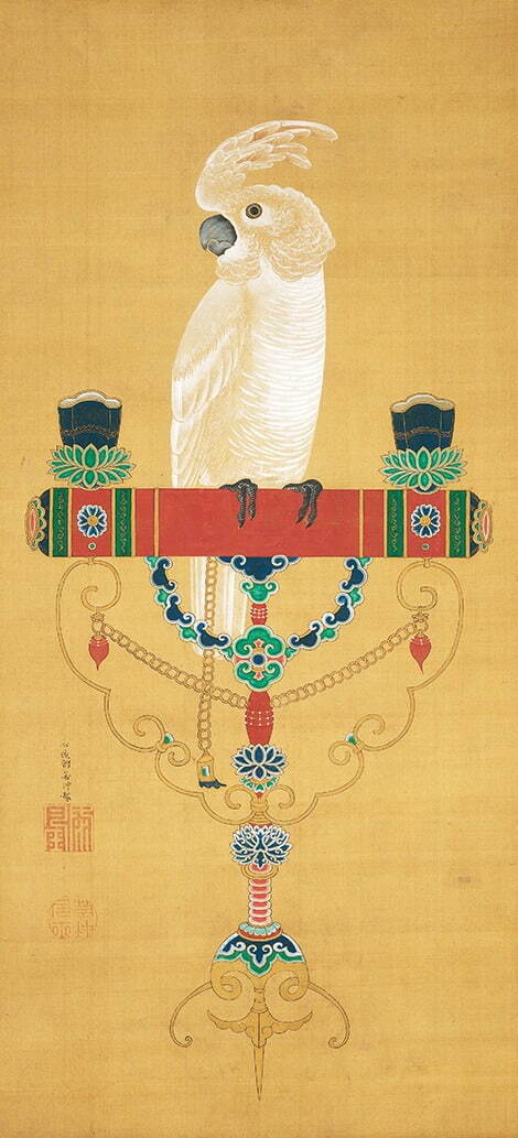 伊藤若冲《鸚鵡図》宝暦(1751-64)後期〜明和期(1764-72)頃 千葉市美術館蔵
(展示期間：7月16日〜8月14日)