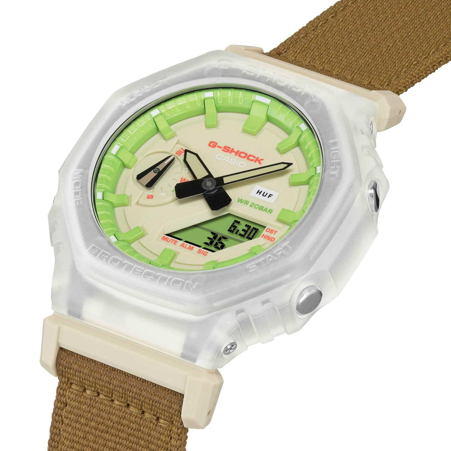 ハフ×G-SHOCKのコラボ腕時計、グリーンを配した文字盤にスケルトンベゼル搭載｜写真5