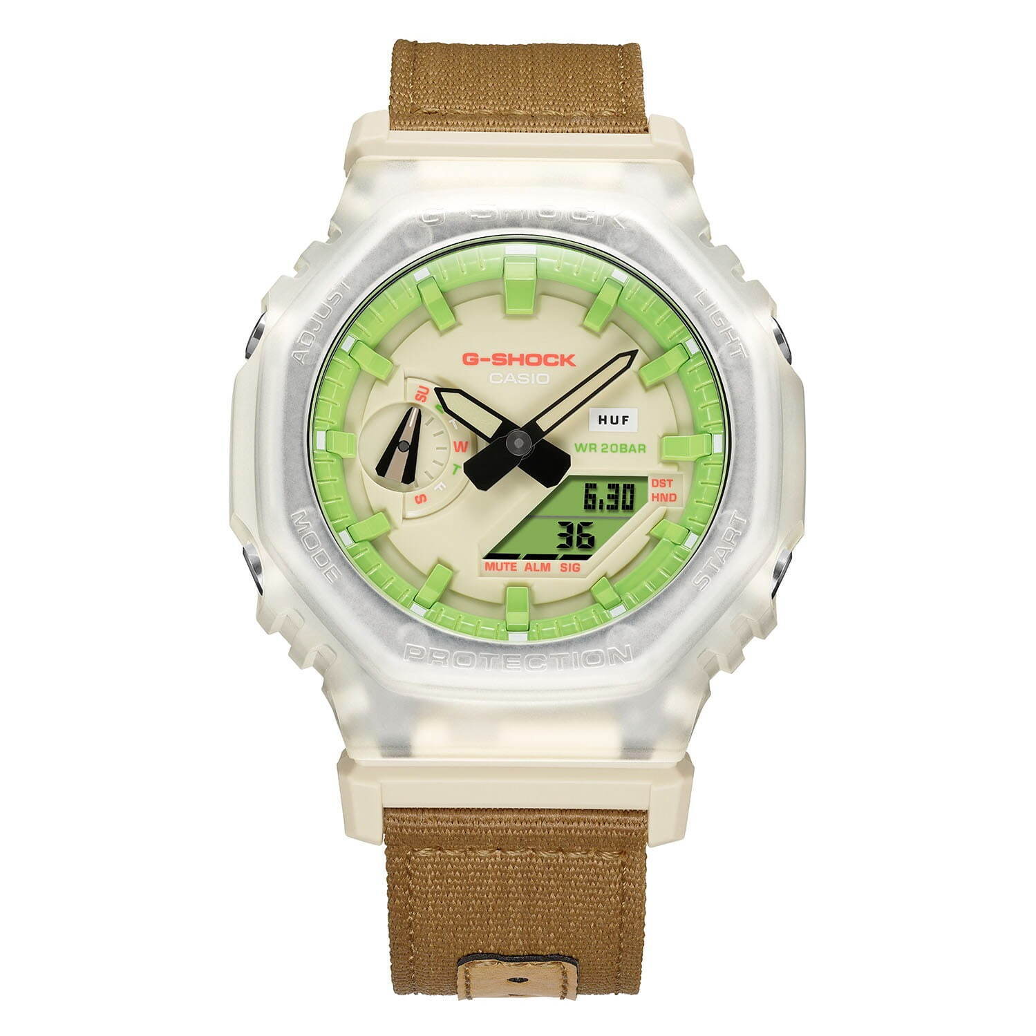 ハフ×G-SHOCKのコラボ腕時計、グリーンを配した文字盤にスケルトンベゼル搭載｜写真2