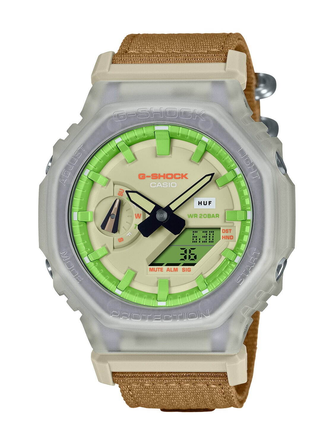 ハフ×G-SHOCKのコラボ腕時計、グリーンを配した文字盤にスケルトンベゼル搭載｜写真10