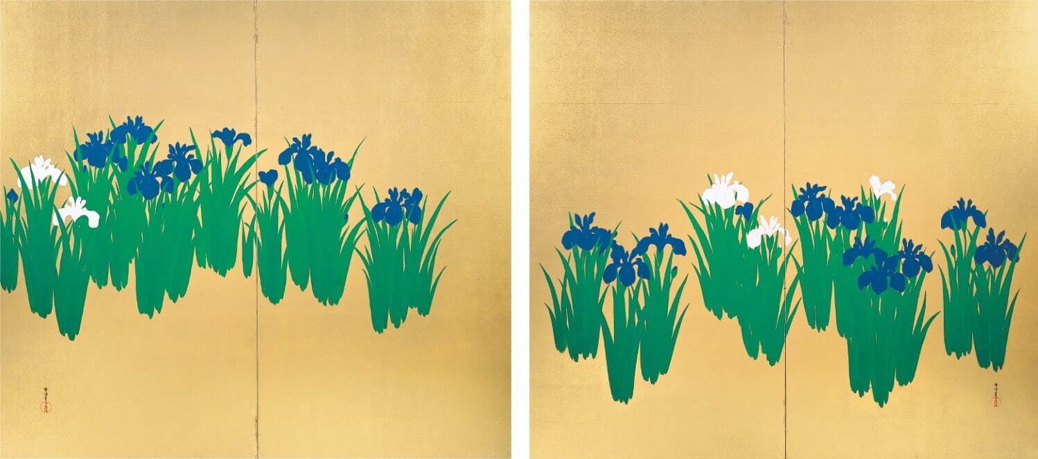 神坂雪佳《杜若図屏風》大正末〜昭和初期 二曲一双 紙本金地著色 個人蔵