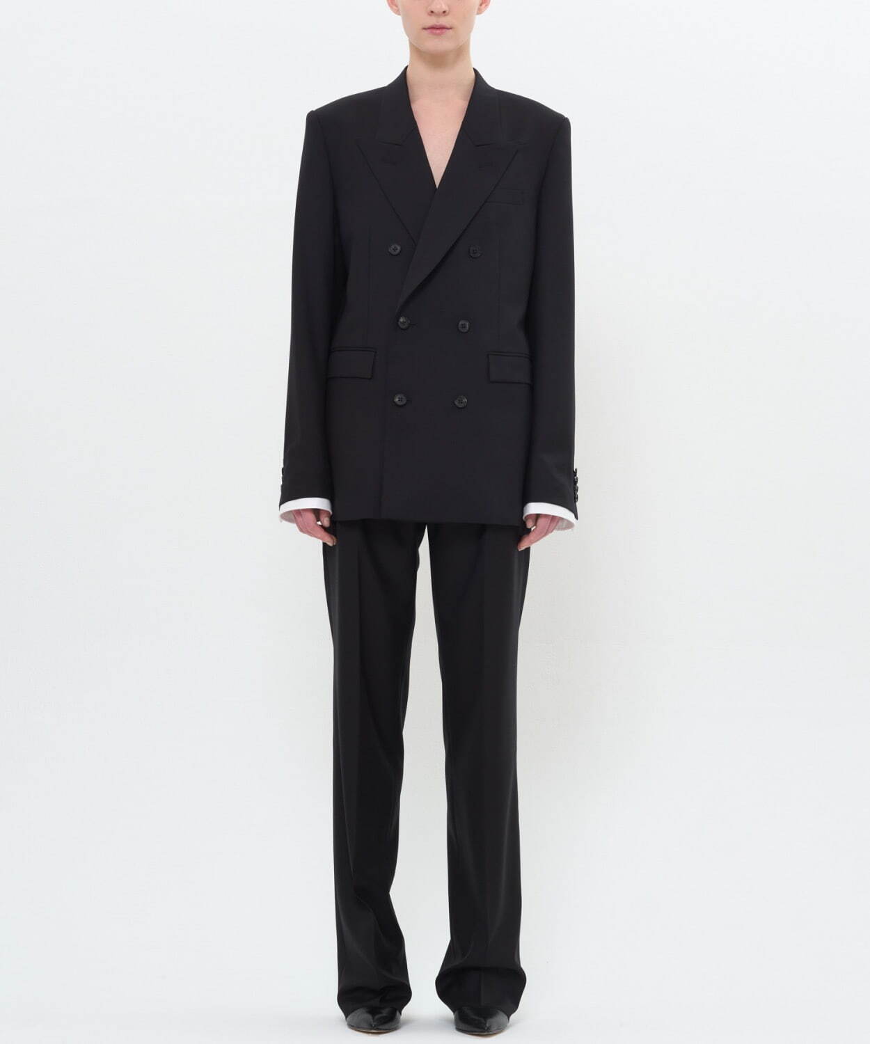 Black Detachable Cuffs Double-Breasted Blazer 99,000円、Black PORTRAIT Trousers 42,900円