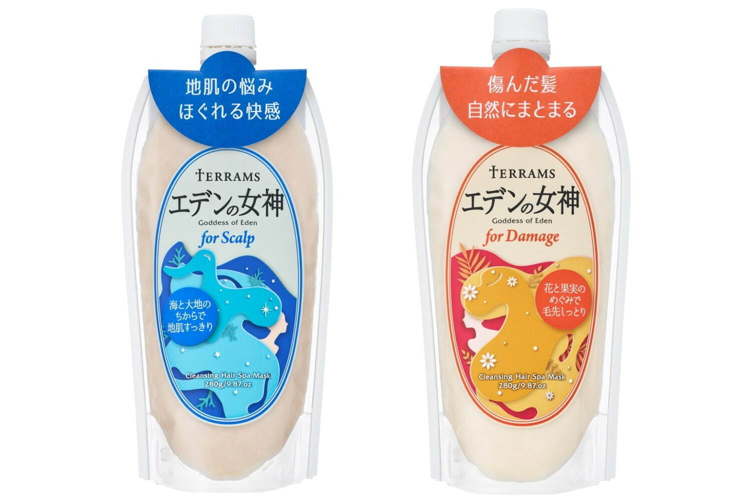 左から) 「テラムス エデンの女神 for スカルプ」280g 1,980円(編集部調べ)
「テラムス エデンの女神 for ダメージ」280g 1,980円(編集部調べ)