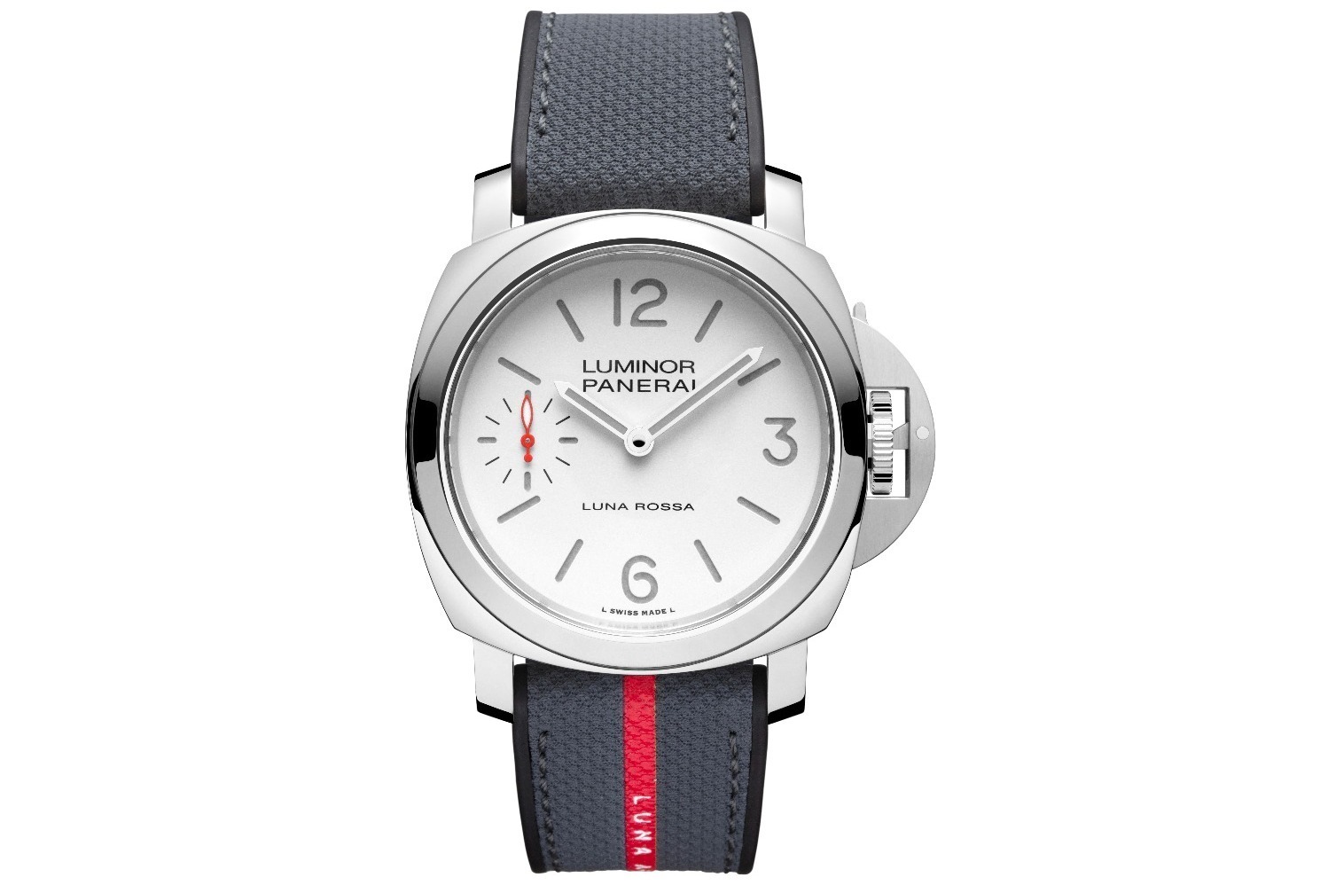 パネライ限定腕時計「ルミノール ルナロッサ」真っ赤なスモールセコンド針が映える白ダイヤル