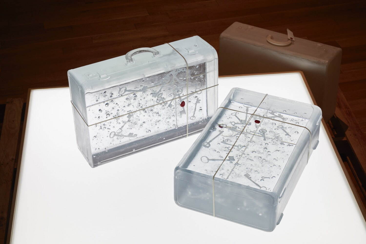 宮永愛子《suitcase -key-》2019年　ナフタリン、樹脂、封蝋、ミクストメディア
高松市美術館「宮永愛子：漕法」展示風景　撮影：木奥恵三