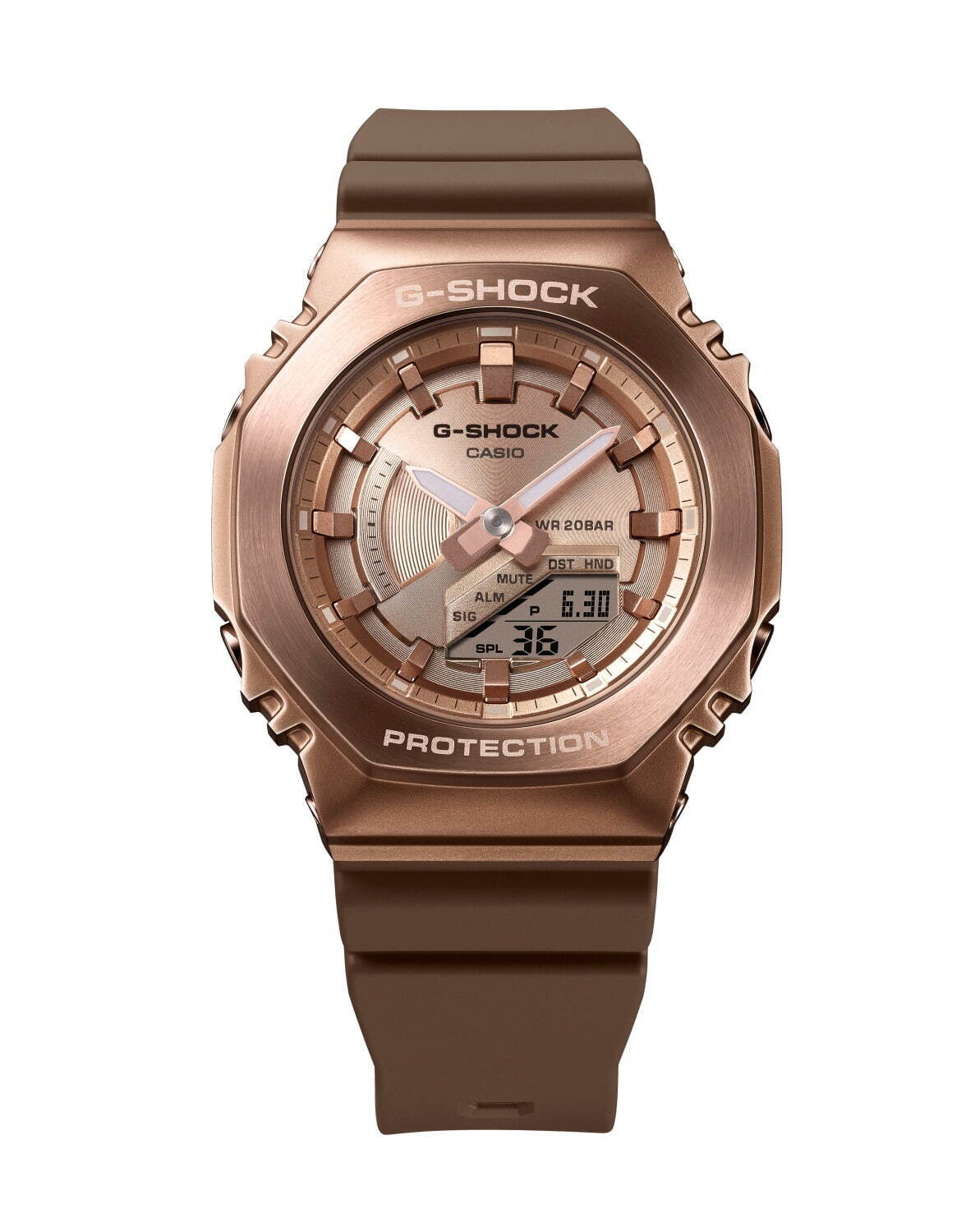 G-SHOCK“全面ブロンズカラー”のコンパクト腕時計、スクエア＆八角形の艶消しメタルベゼル｜写真4