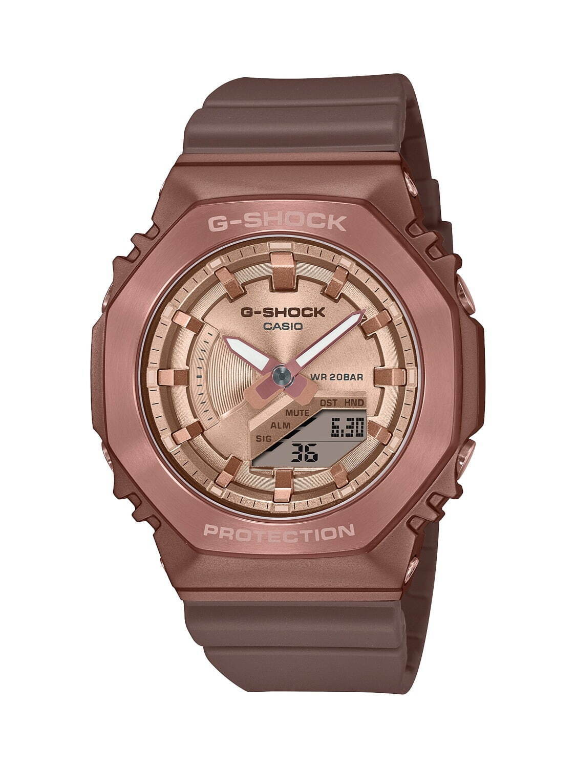 G-SHOCK“全面ブロンズカラー”のコンパクト腕時計、スクエア＆八角形の艶消しメタルベゼル｜写真3