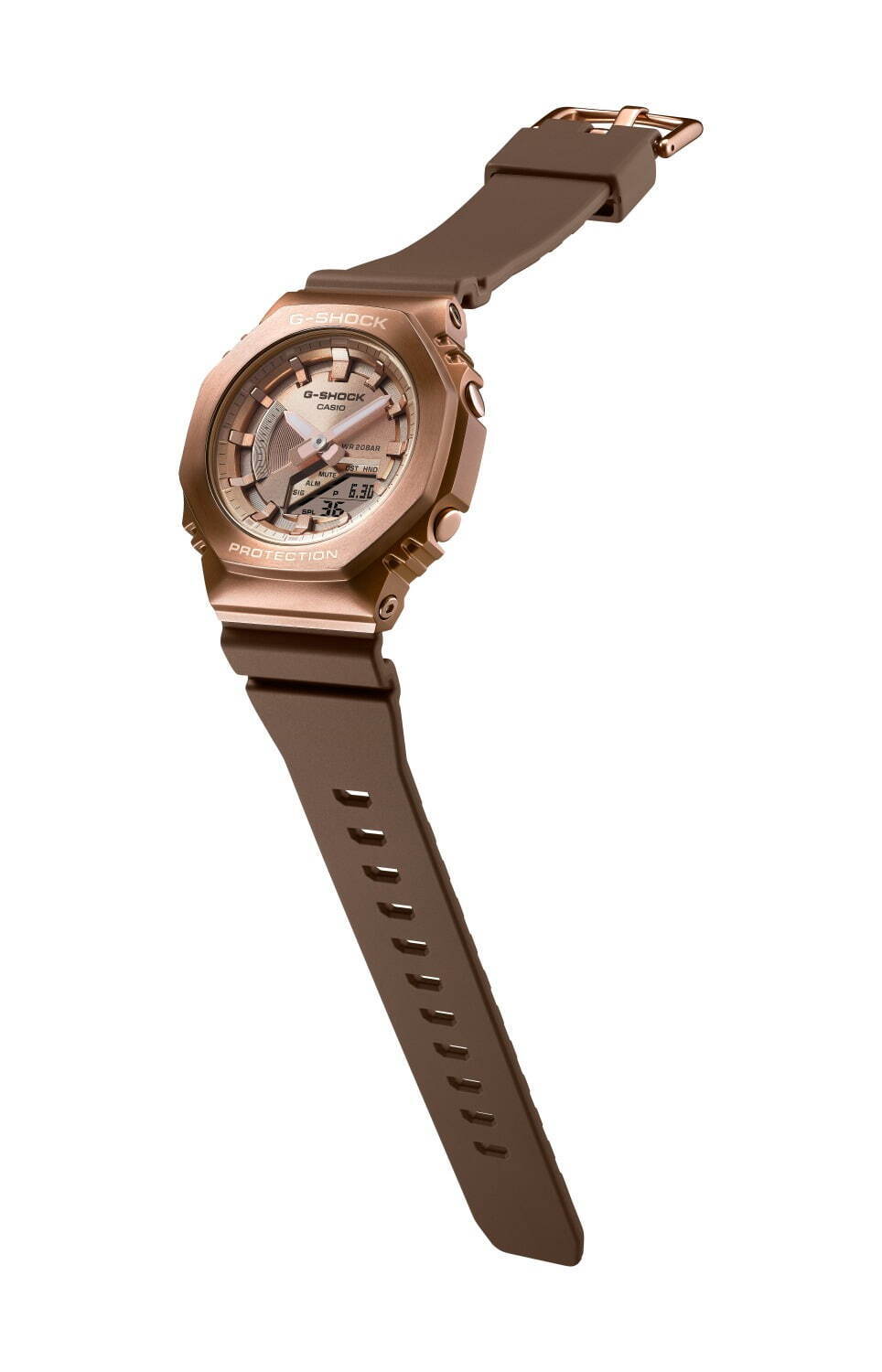G-SHOCK“全面ブロンズカラー”のコンパクト腕時計、スクエア＆八角形の艶消しメタルベゼル｜写真5