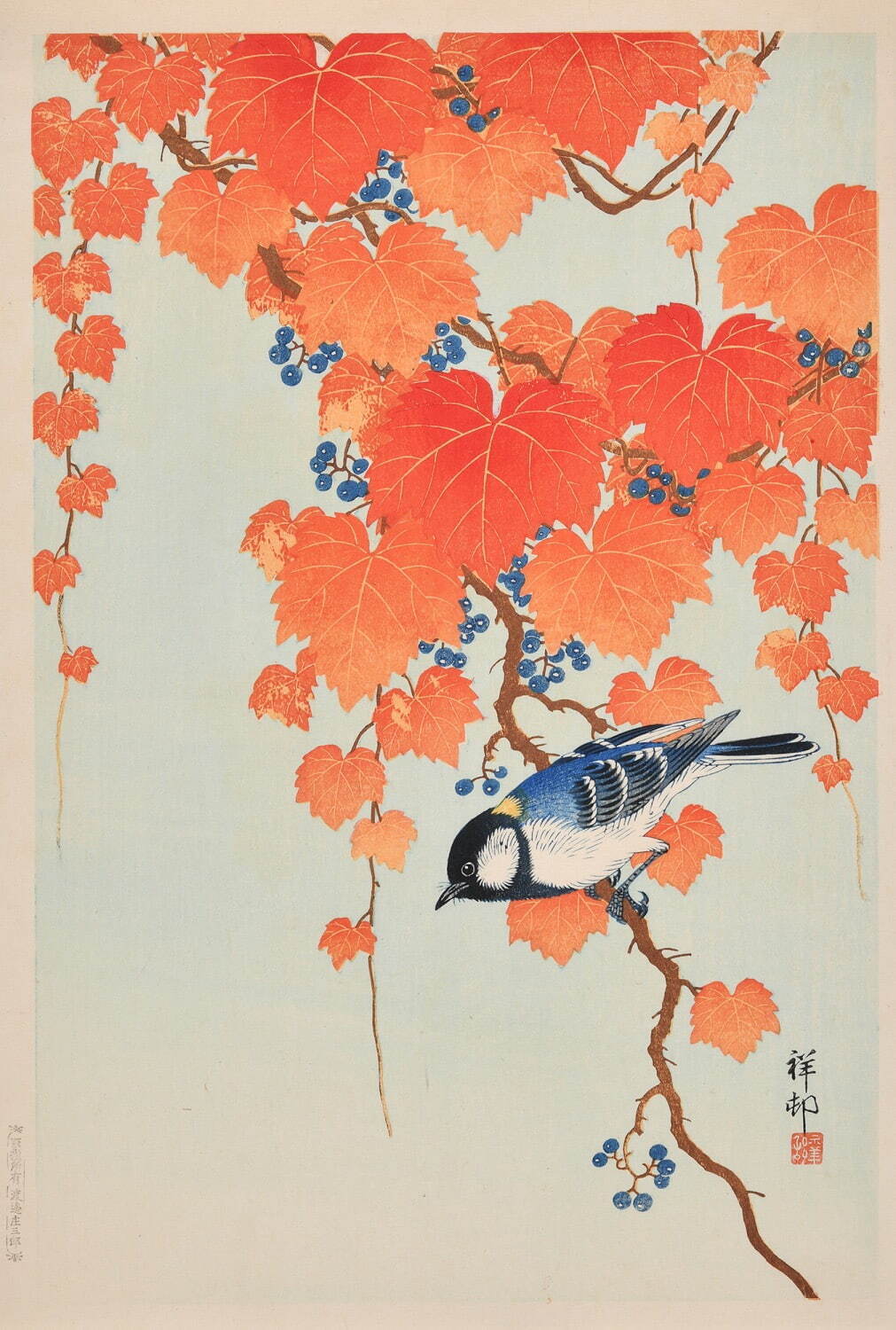 小原祥邨《山葡萄に四十雀》昭和初期