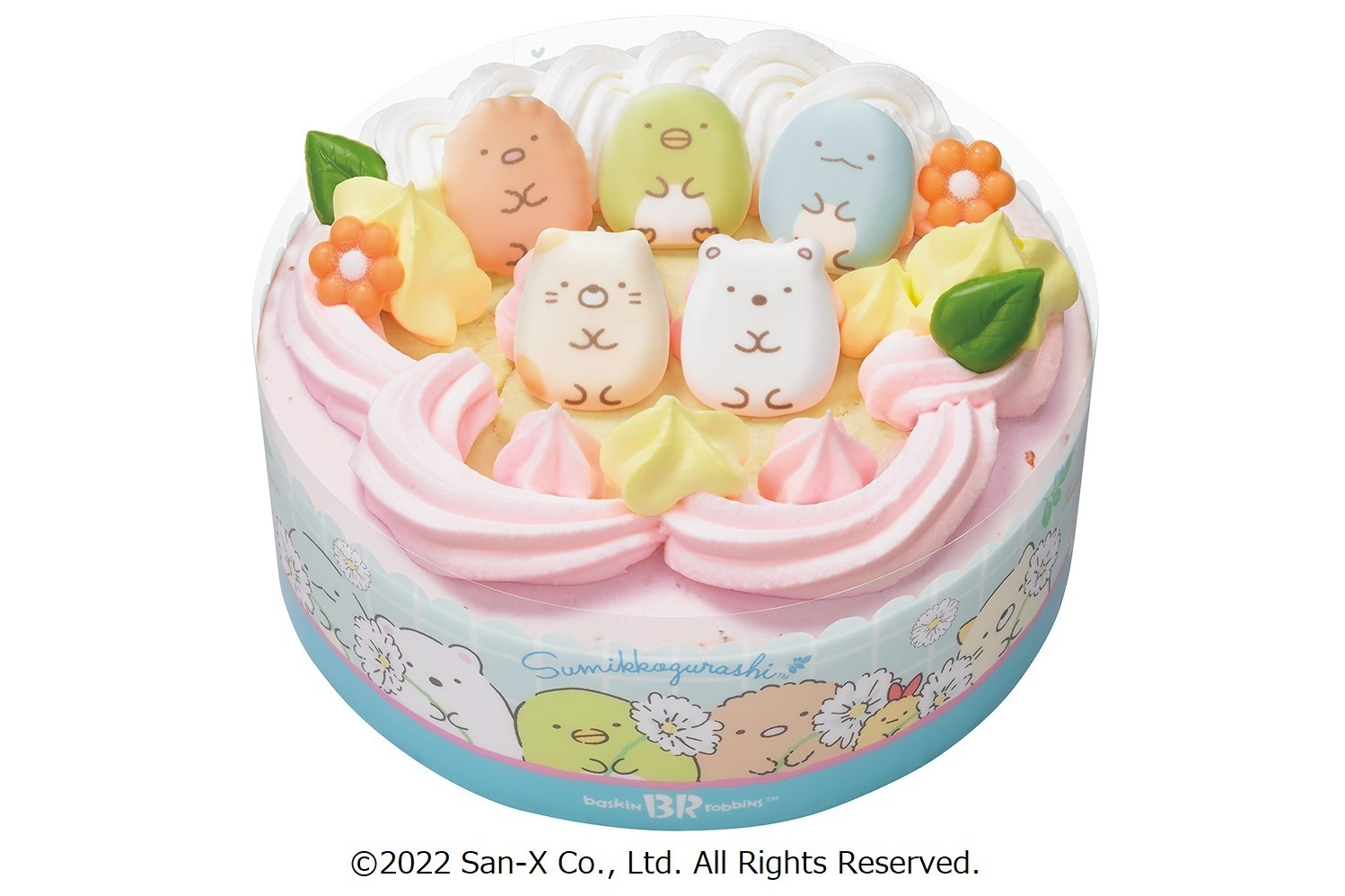 アイスクリームケーキ｜サーティワン「すみっコぐらし アイスクリームケーキ」しろくまやぺんぎん？がお花畑に集合