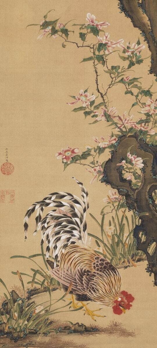 伊藤若冲《花卉雄鶏図》(部分) 江戸時代中期 18世紀中頃 岡田美術館蔵