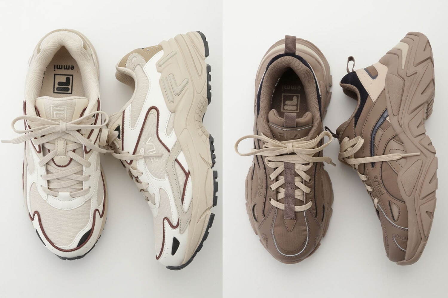 エミ×フィラの初コラボスニーカー、ボリュームソールの2型をブラウン＆ベージュのニュアンスカラーで