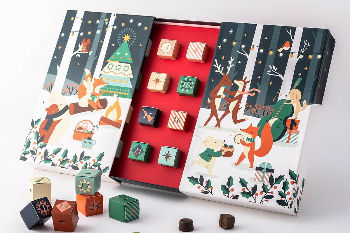 ピエール マルコリーニのアドベントカレンダー日本初登場、森の動物たちを描いたボックスに24個のチョコ