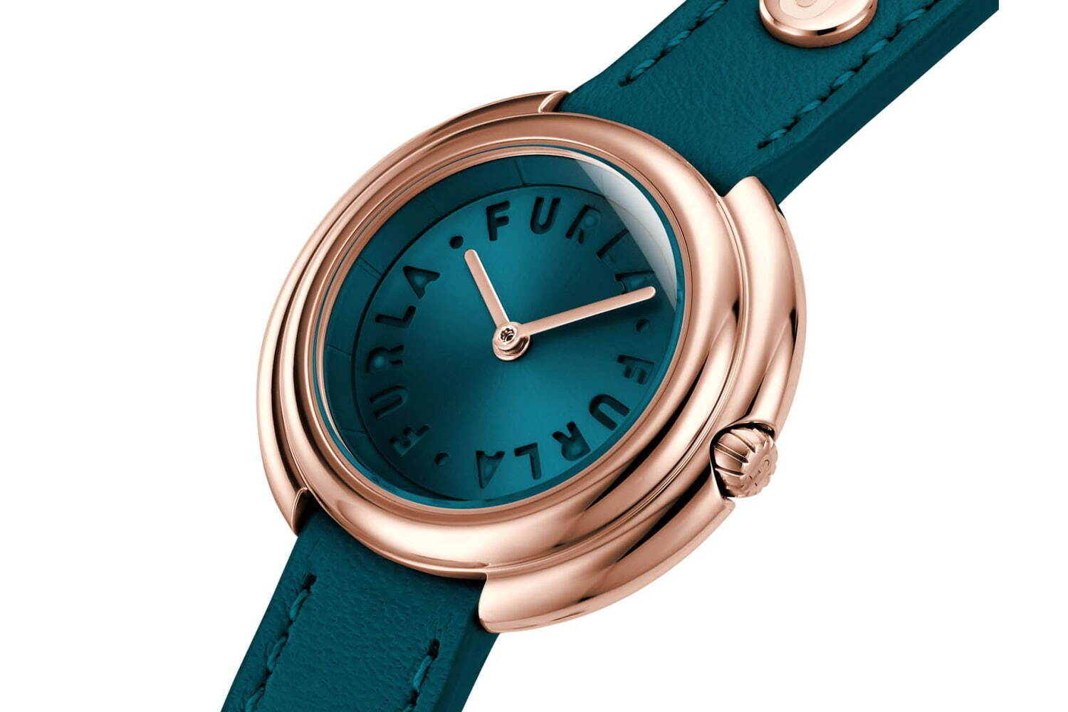フルラの新作腕時計「フルラ アイコン シェイプ」ブルーグリーンのダイヤル＆スタッズ付きレザーベルト