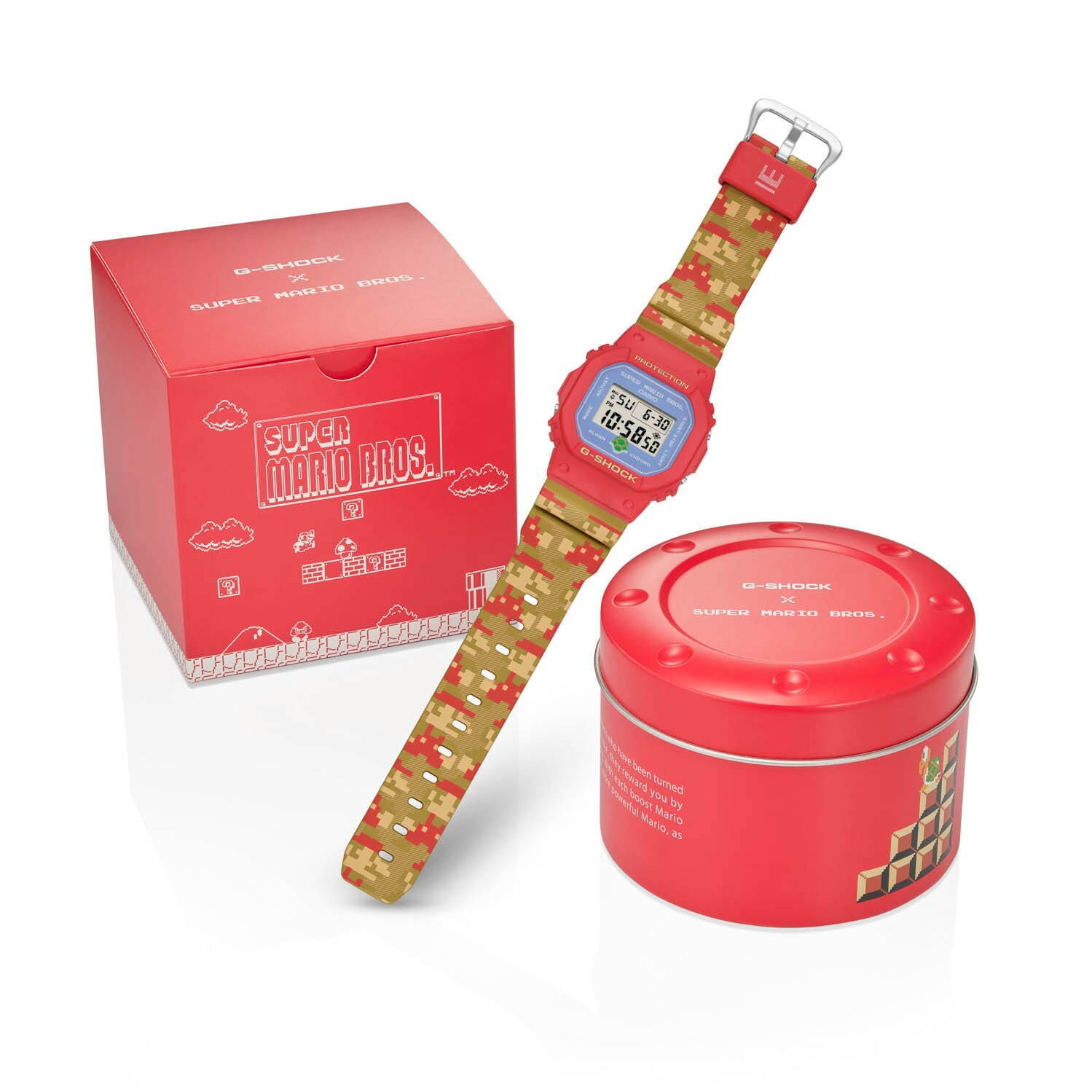 G-SHOCK「スーパーマリオブラザーズ」腕時計、1UPキノコを獲得するマリオのバックライト - ファッションプレス
