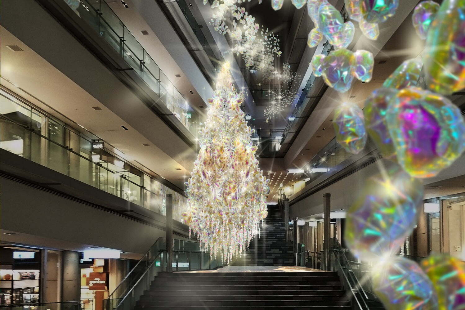 パフェ｜表参道ヒルズのクリスマスイルミネーション“宙に浮かぶ”バルーンツリー、オーロラのような輝き