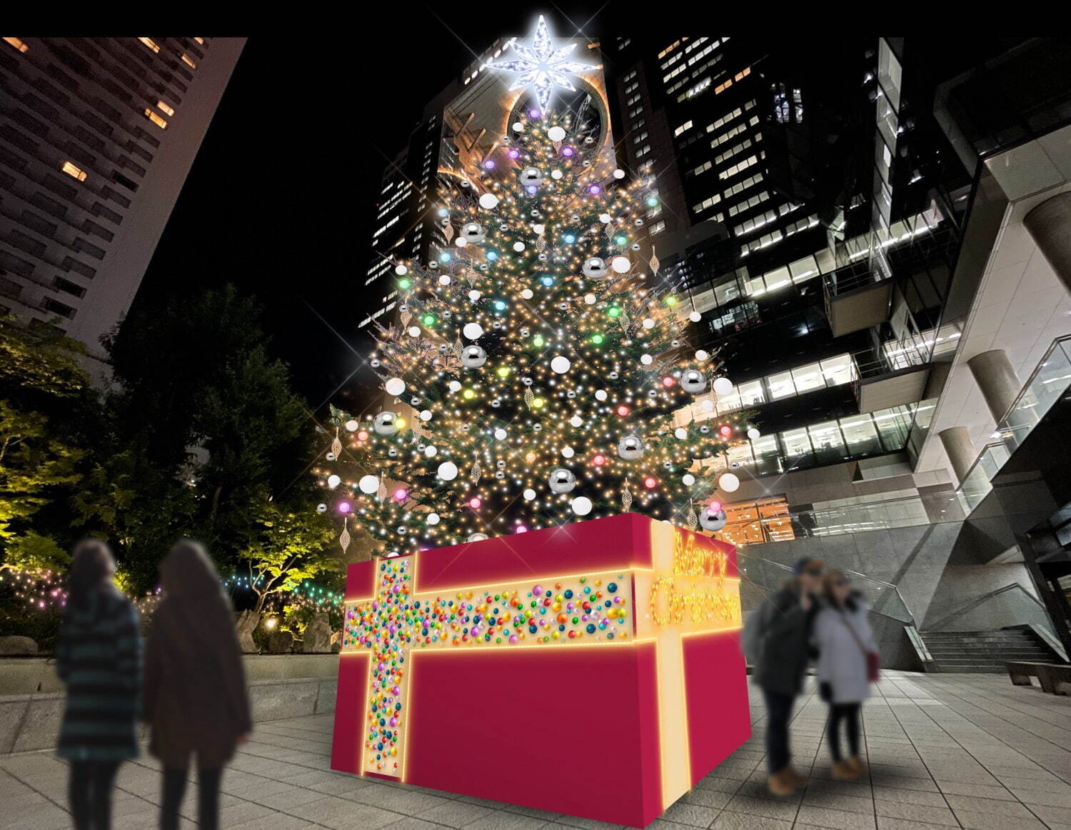 大阪・梅田スカイビルのイルミネーション、もみの木を使ったクリスマス