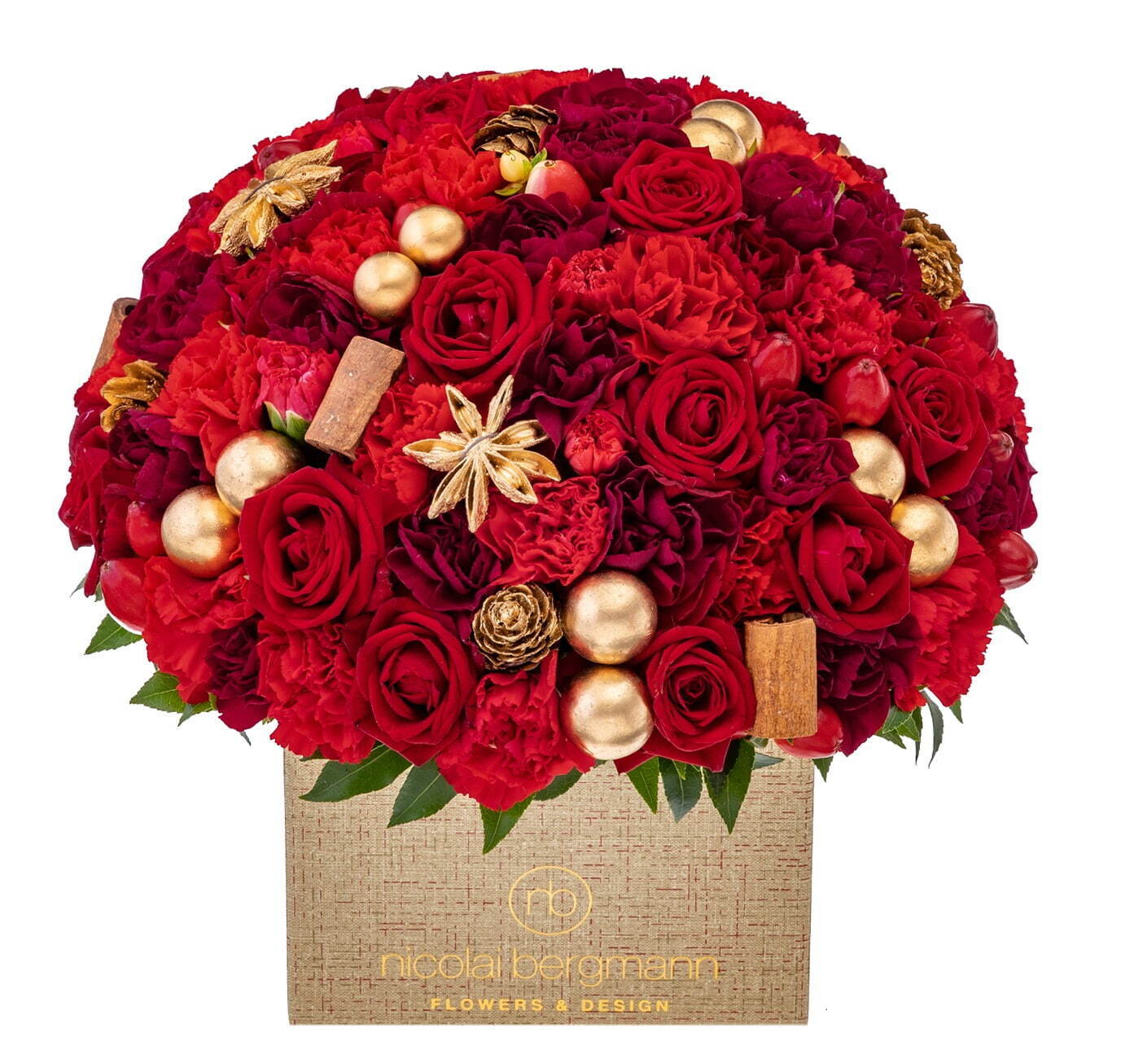 ニコライ バーグマン“クリスマスカラー”のフラワーボックス、赤い花々×ゴールドのオーナメント｜写真3