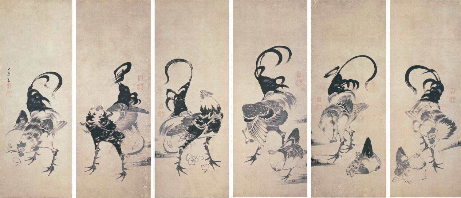 伊藤若冲《鶏図押絵貼屛風》(左隻) 1797年(寛政9年) 細見美術館蔵