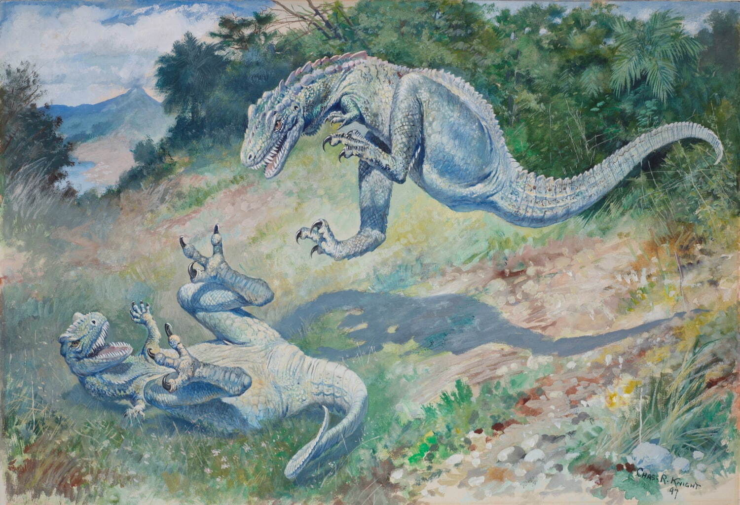 チャールズ・R・ナイト《ドリプトサウルス(飛び跳ねるラエラプス)》1897年 グアッシュ・紙 58×40cm アメリカ自然史博物館、ニューヨーク
Image #100205624, American Museum of Natural History Library.